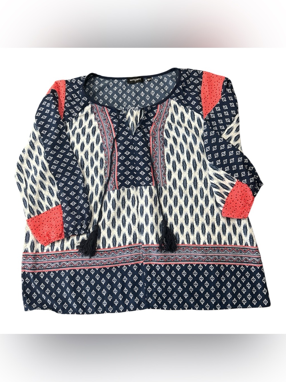 Tempted Navy and Coral Boho Printed Tunic Top Sz XL